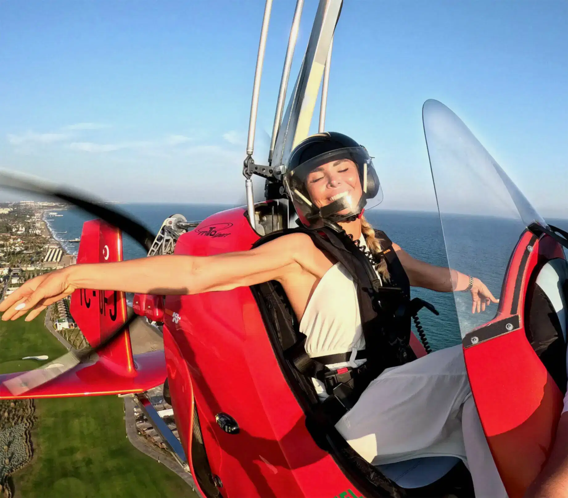 Aerial view of Belek hotels and beach during Antalya Gyrocopter Tours with Royal Fly.
