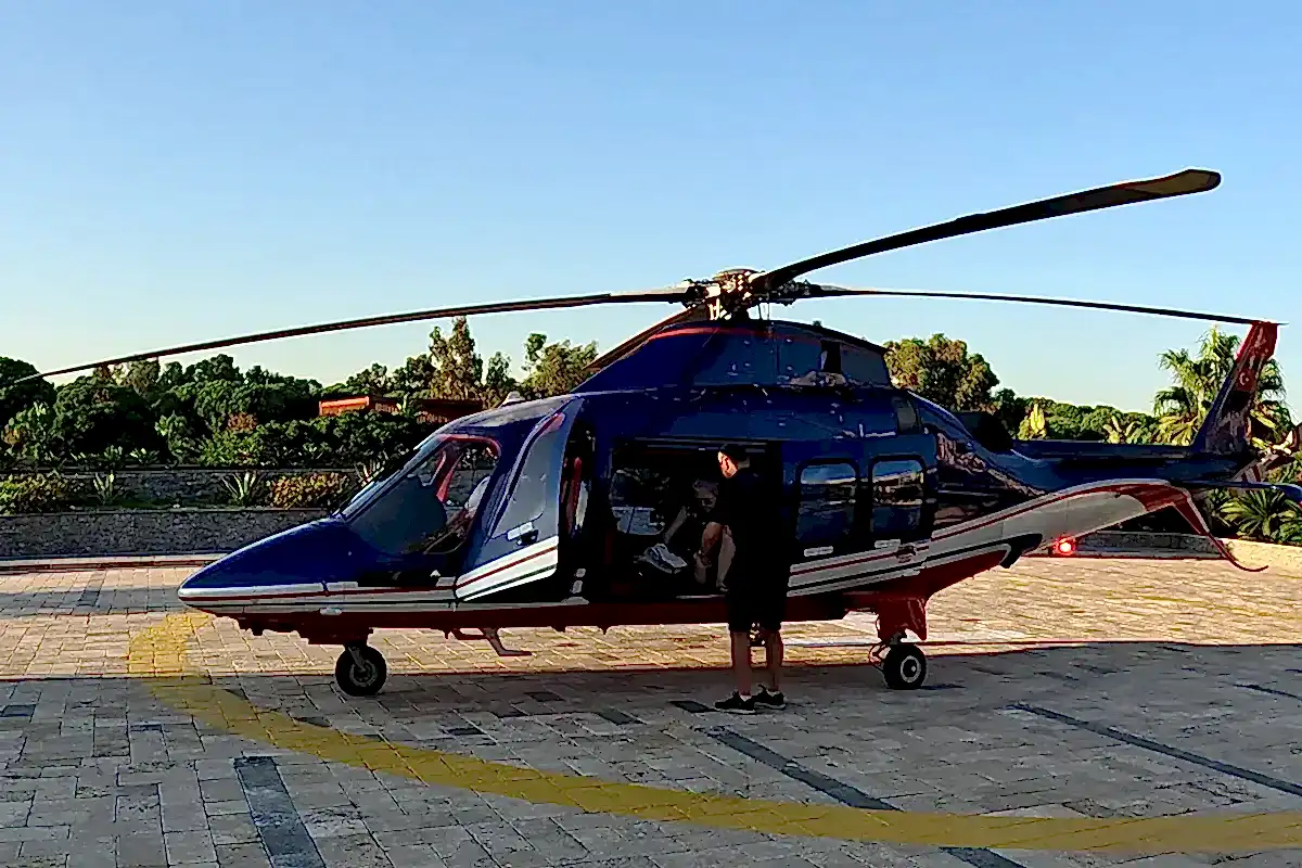 Helicopter after landing from an Antalya Helicopter Tour by Royal Fly, showcasing a premium aerial experience.