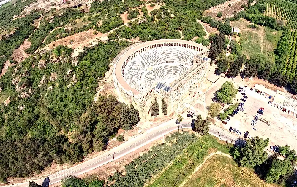 Aerial view of Aspendos Theatre during Antalya Gyrocopter Tours with Royal Fly.