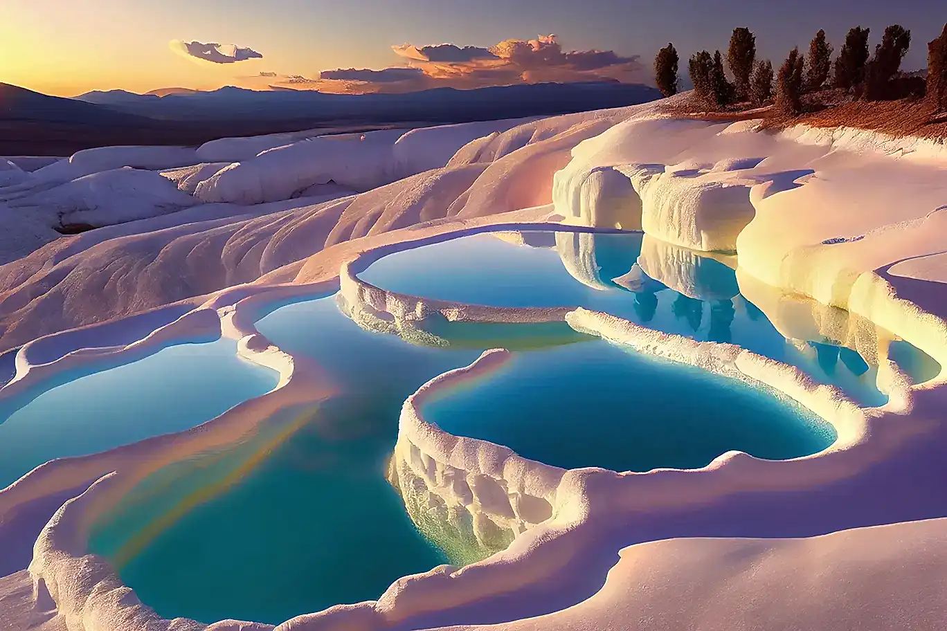 Aerial view of Pamukkale’s white travertine terraces and thermal pools during a helicopter transfer from Antalya
