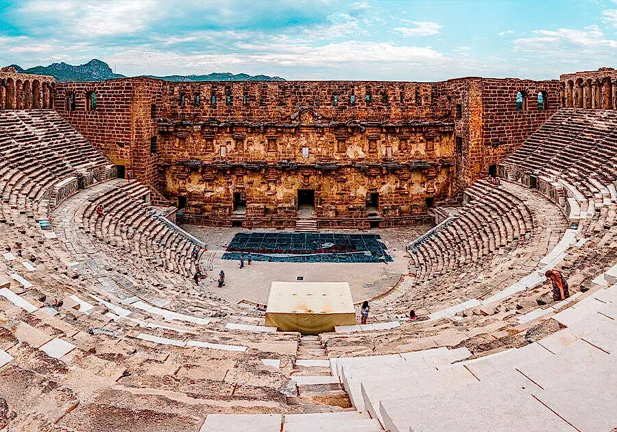 Aerial view of Aspendos Ancient City and theatre during Antalya Gyrocopter Tours with Royal Fly.