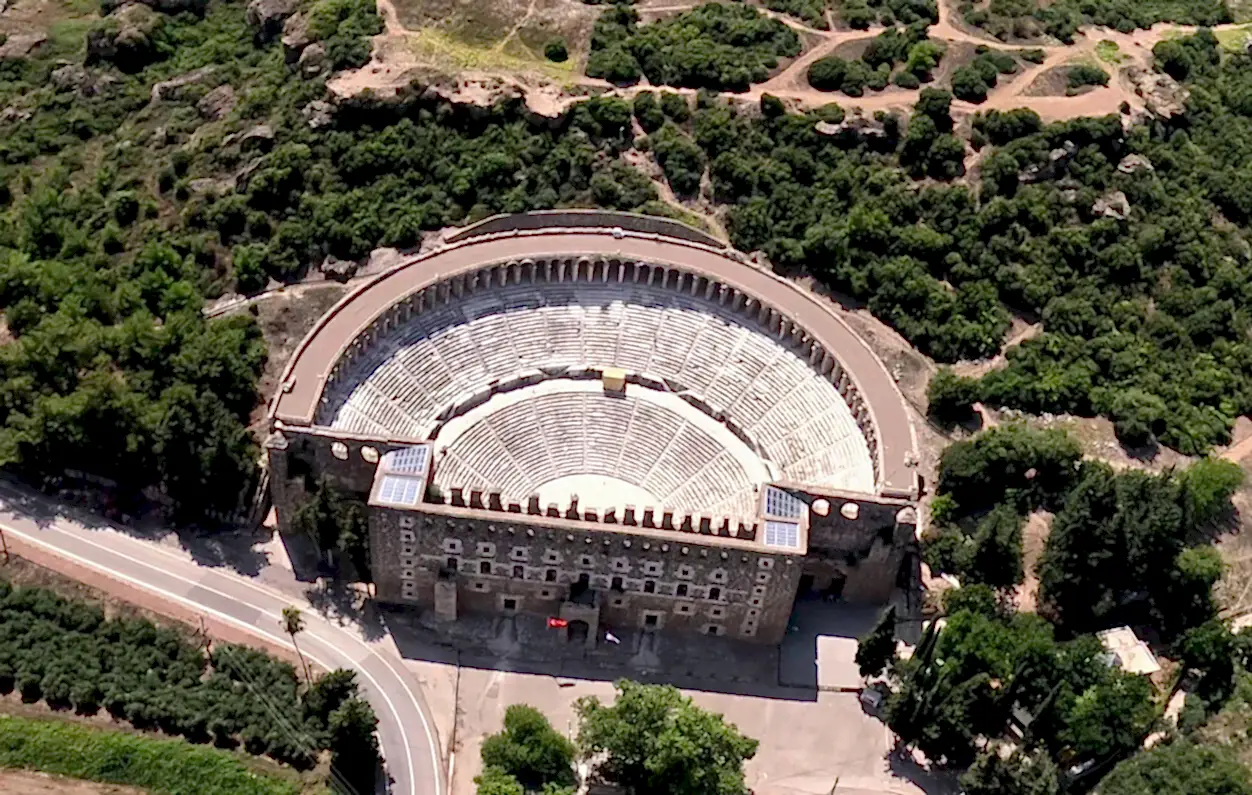 Aerial view of Aspendos ancient theater during Antalya helicopter tour with zirveadam.top 