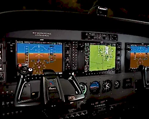 Interior view of a seaplane cockpit used for Antalya seaplane transfer, showcasing advanced controls and scenic coastal backdrop.
